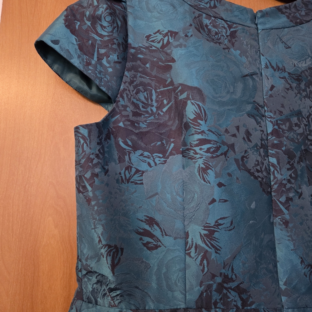 CARMEN MARC VALVO Teal Floral Jacquard Midi Dress Size 18 - Picture 6 of 11